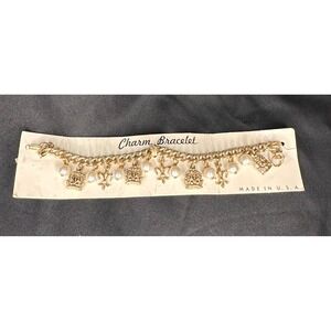 Vintage Charm Bracelet Gold Tone NWT Crown Fleur De Lis Faux Pearl